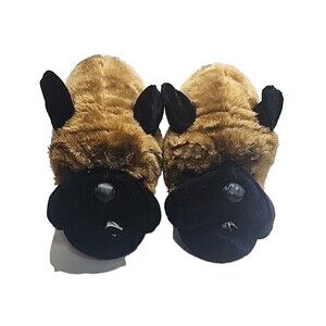 Boxer Dog Face Bootie Slippers Faux Fur Plush Men’s US 13-14 Adult Funny Cozy